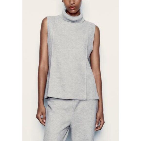 Zara Sleeveless Turtleneck Sweater Women Size Small‎ Gray Raw Hems Cotton Blend - Picture 1 of 7